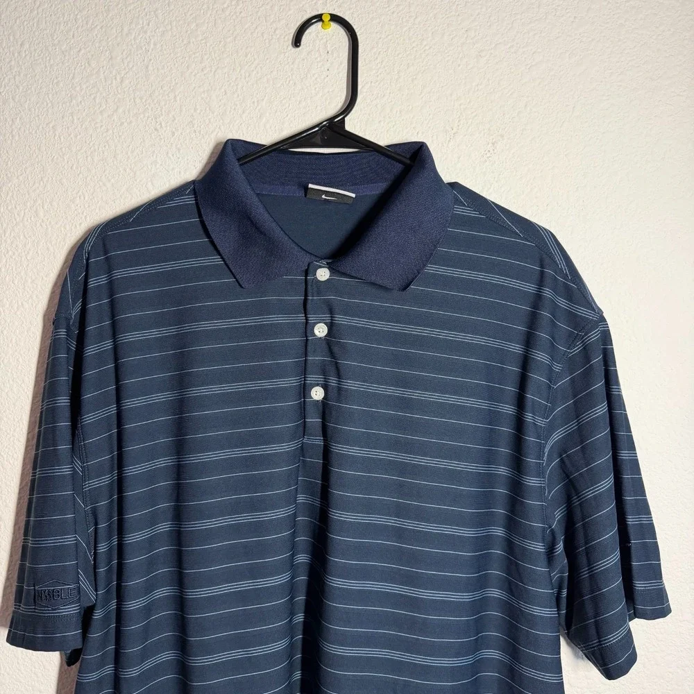 Nike Fit Dry Golf Polo Shirt Mens XL Navy‎ Blue Striped Logo Performance Tennis